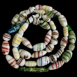 Colorful Glass Barrel Beads Strand African Trade Style Swirl Stripes 15”